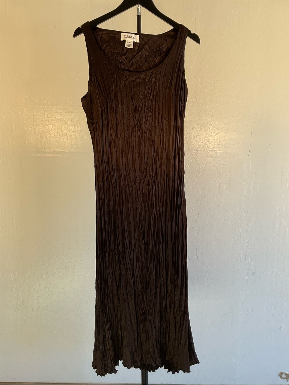 Calvin Klein Dark Brown Crinkle Sleeveless Maxi Dress